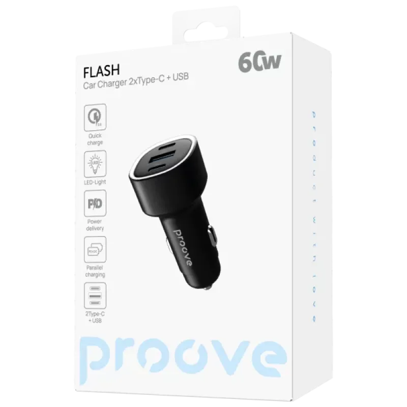 Автомобільний зарядний пристрій Proove Flash 60W (2Type-C + USB) Black (CCFL60111201)