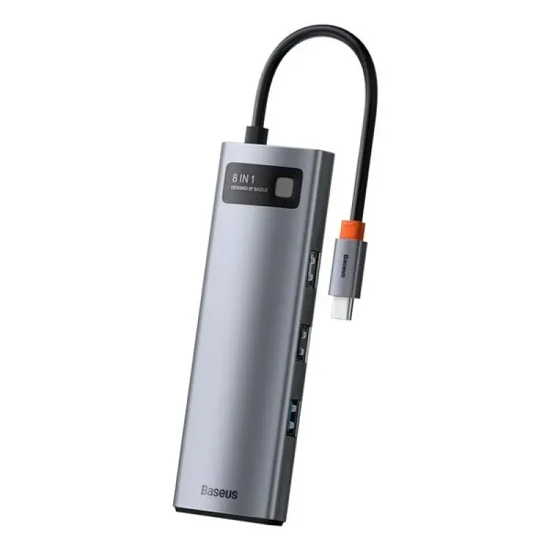 USB-хаб Baseus 8in1 Metal Gleam 8-Port Type-C HUB Adapter Type-C to USB3.0*3, Type-C(PD)*1, 4KHDMI, RJ45, TF, SD Сірий (CAHUB-CV0G)
