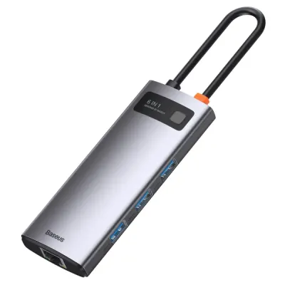 USB-хаб Baseus 6-в-1 Metal Gleam с 6 портами: Type-C, USB 3.0*3, Type-C (PD)*1, 4K HDMI, RJ45, серый (CAHUB-CW0G)