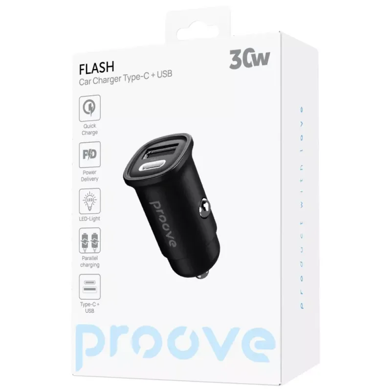 АЗП Proove Flash 30W  (Type-C + USB) Black (CCFL30111201)