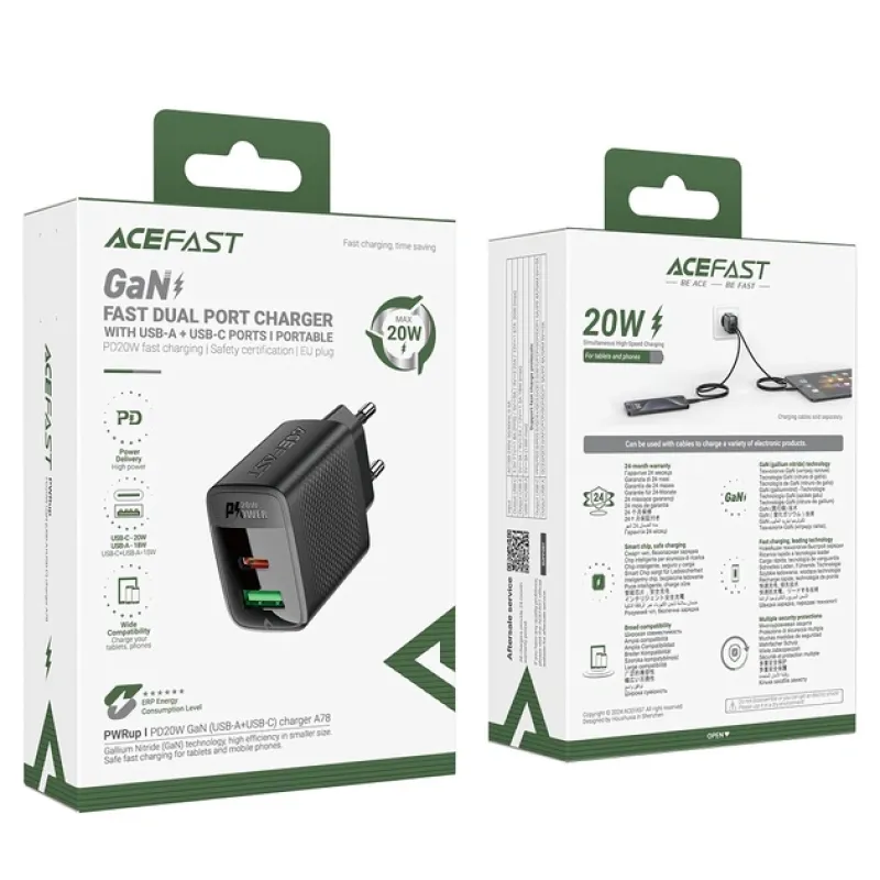 Зарядний пристрій ACEFAST A78 PD20W GaN (USB-A+USB-C) charger Black