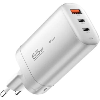 Зарядний пристрій ESSAGER Shining 65W GaN Travelling Charger 2 Type-C+USB-A EU White (ECT2CA-MYB02)