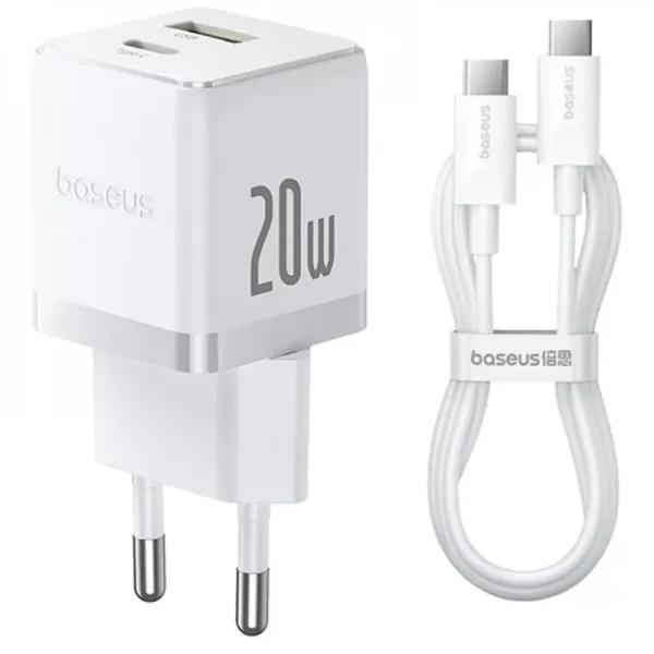 МЗП Baseus Palm Fast Charger 20W + Кабель Type-C to Type-C 60W White