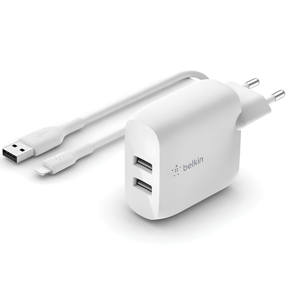 Зарядний пристрій мережевий Belkin BoostCharge Dual USB-A 24W + USB-A to Lightning Cable (WCD001VF1MWH)