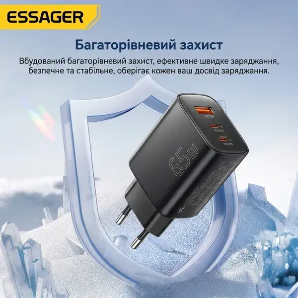 Зарядное устройство для Essager GaN 65W 2xUSB-C+USB-A, PD3.0/QC3.0 (ECT65W-YBB01-Z)