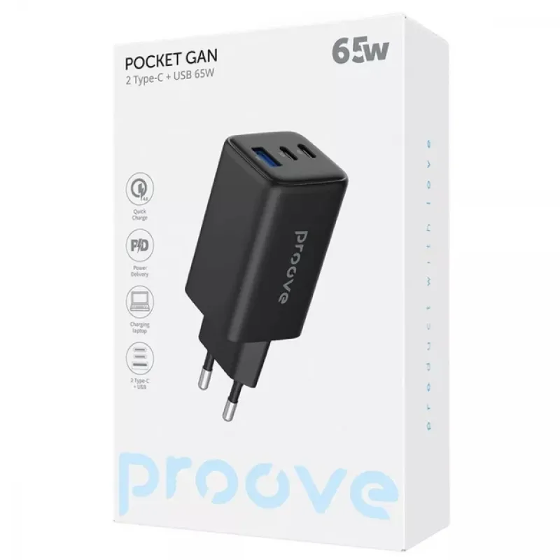 Зарядний пристрій Proove WCPG65121201 Pocket GaN 65W з 2×Type-C та USB, QC 4.0+ та PD 3.0 Black