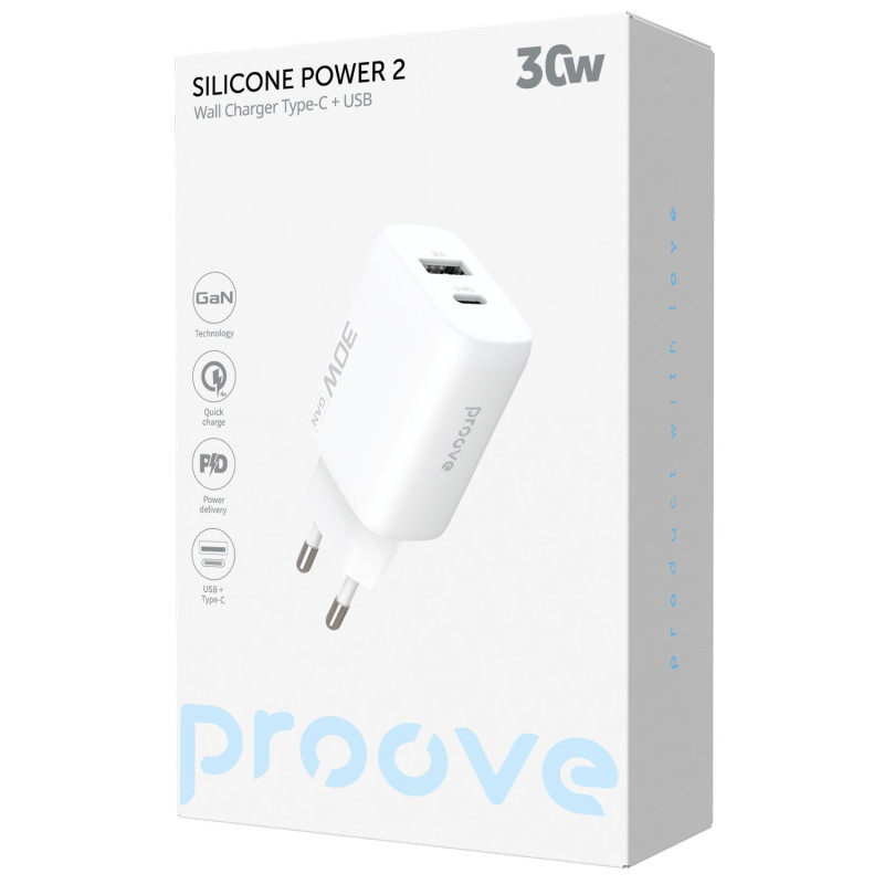 Мережевий зарядний пристрій Proove Silicone Power 2 30W Type-C + USB White (WCSP23110002)