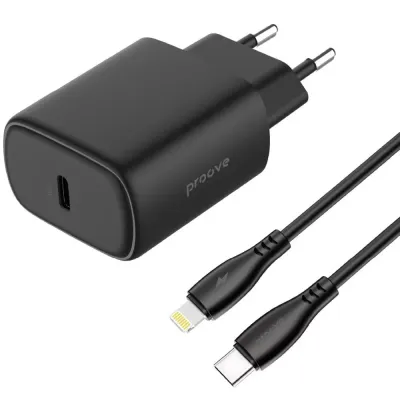Зарядное устройство Proove Silicone Power 2 20 Вт (Type-C) + кабель Type-C — Lightning (1 м), черный (WCSP22010001)