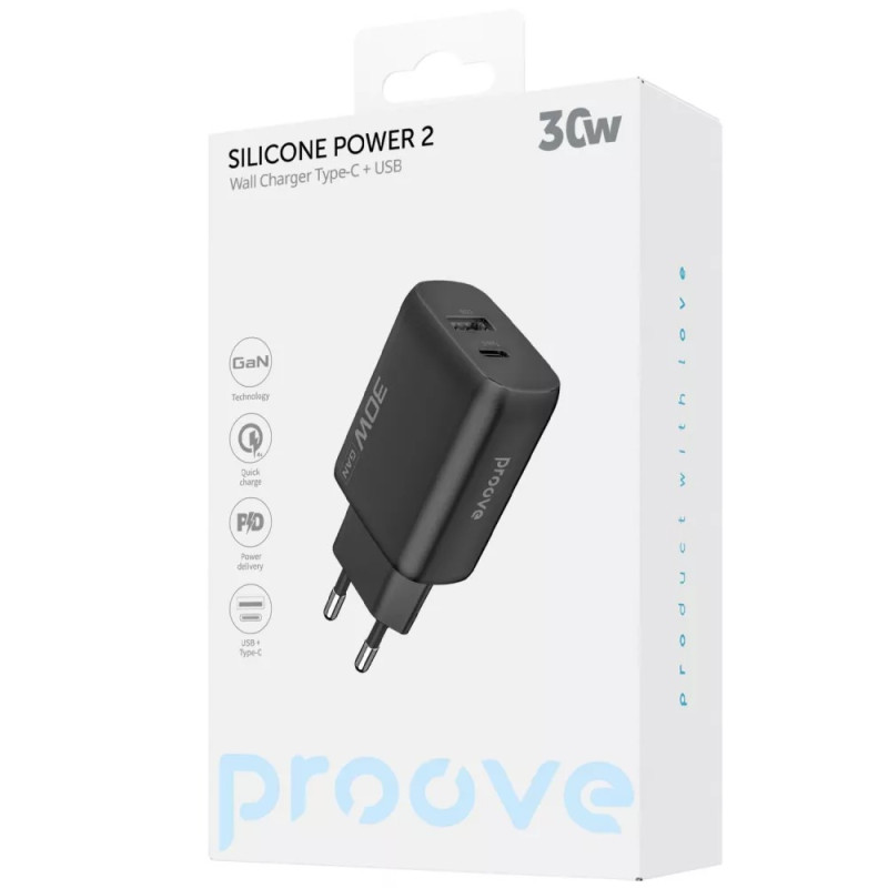 Мережевий зарядний пристрій Proove Silicone Power 2 30W Type-C + USB Black (WCSP23110001)