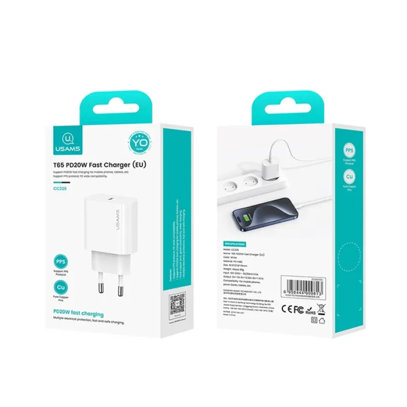 Зарядное устройство для USAMS US-CC226 PD20W T65 TYPE-C Fast Charger White
