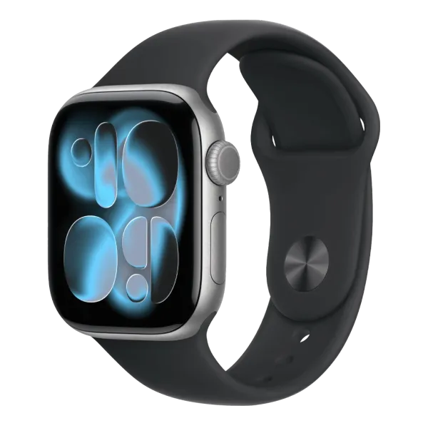 Apple Watch Series 11 с GPS, 42 мм, корпус из алюминия цвета «космический серый» с черным спортивным ремешком — M/L (MEQX4)