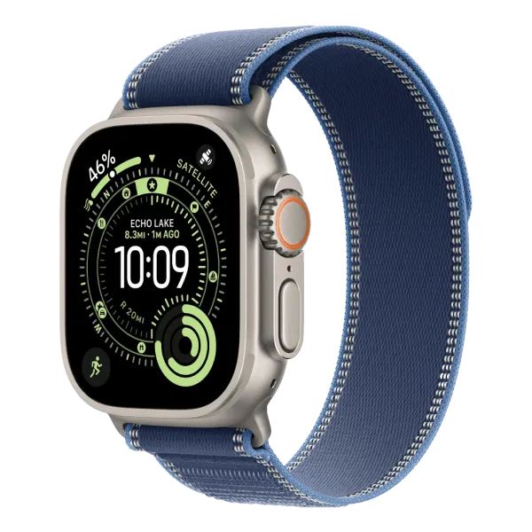 Apple Watch Ultra 3 с GPS и сотовой связью, 49 мм, корпус из натурального титана, с ремешком Trail Loop синего/ярко-синего цвета — размер M/L (MEWU4)