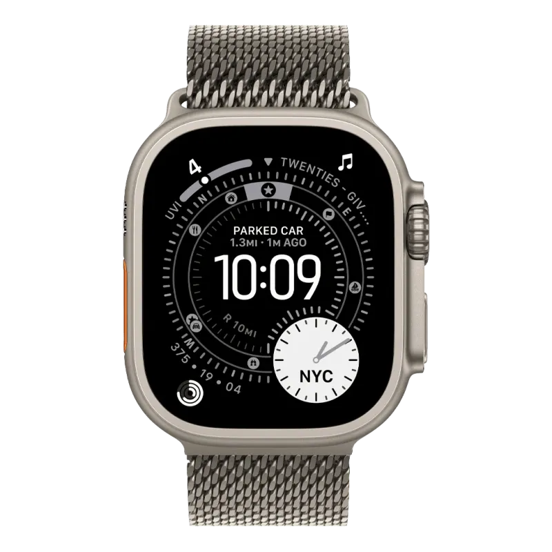 Apple Watch Ultra 3 с GPS и сотовой связью, 49 мм, корпус из натурального титана с миланским ремешком из натурального титана — средний размер (MEWY4)