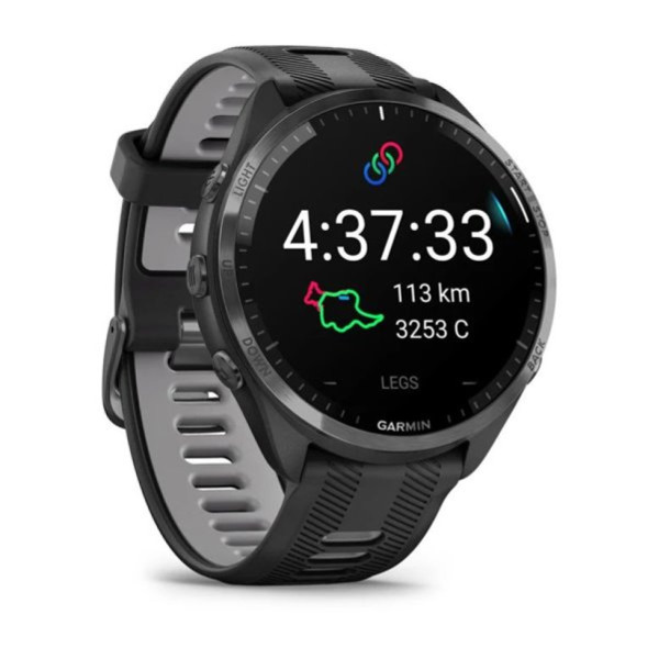 Смарт-часы Garmin Forerunner 965 с титановым безелем цвета «Carbon Grey DLC», черным корпусом и силиконовым ремешком черного и «Powder Grey» цвета (010-02809-10/00)