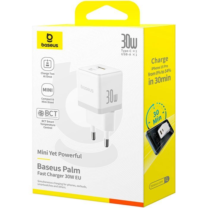 Зарядний пристрій Baseus 1xUSB-C 30W + 1xUSB white (P1011160A213-00)