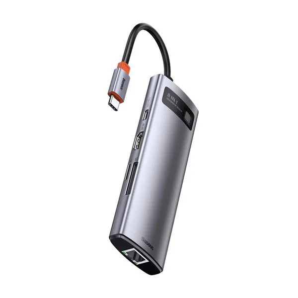 USB-хаб Baseus 8in1 Metal Gleam 8-Port Type-C HUB Adapter Type-C to USB3.0*3, Type-C(PD)*1, 4KHDMI, RJ45, TF, SD Сірий (CAHUB-CV0G)