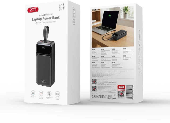 Портативна батарея XO PR298 30000 mAh 65W PD/QC2.0/QC3.0 Black