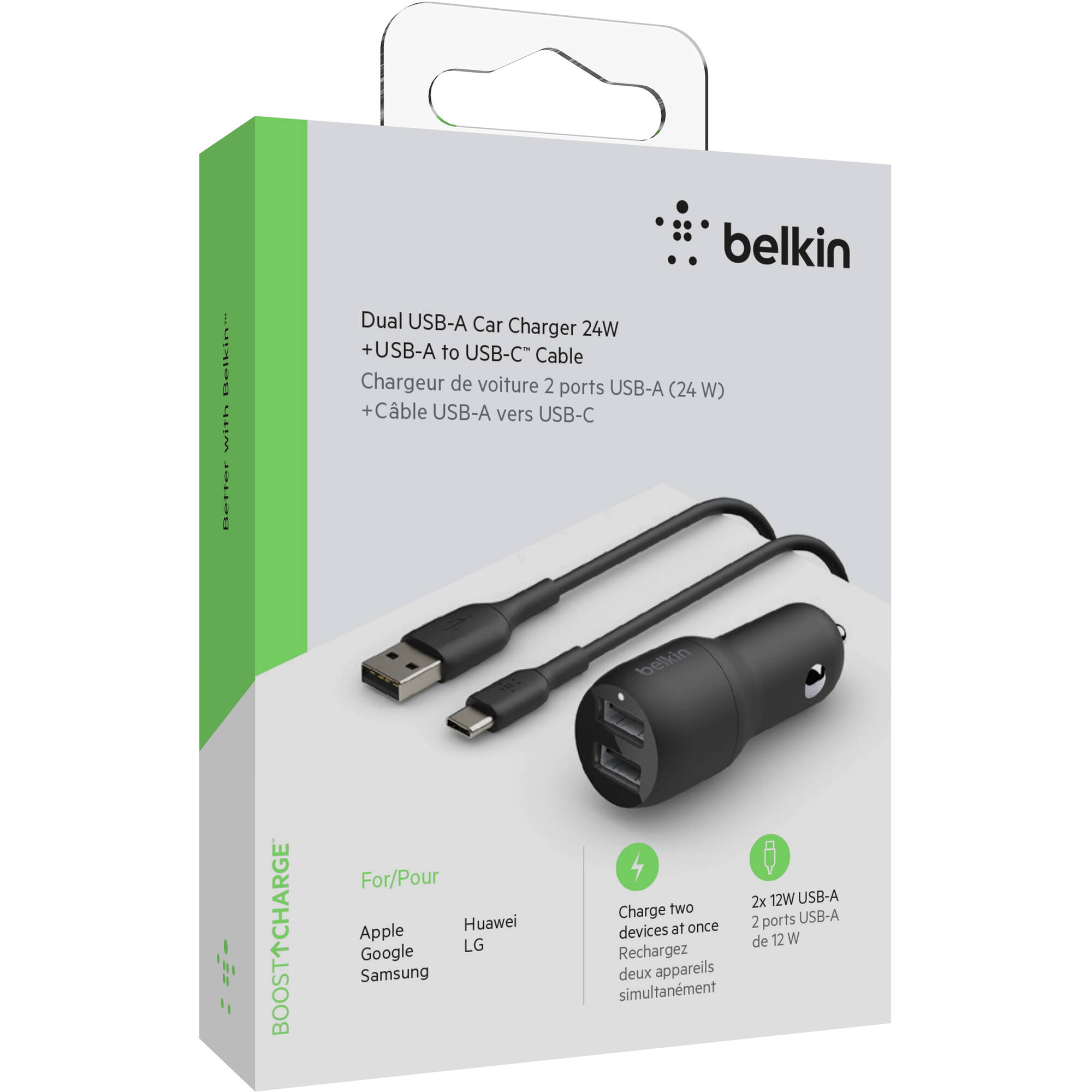 АЗП Belkin 24Вт 2хUSB-A, кабель USB-A > USB-C, 1м (CCE001BT1MBK)