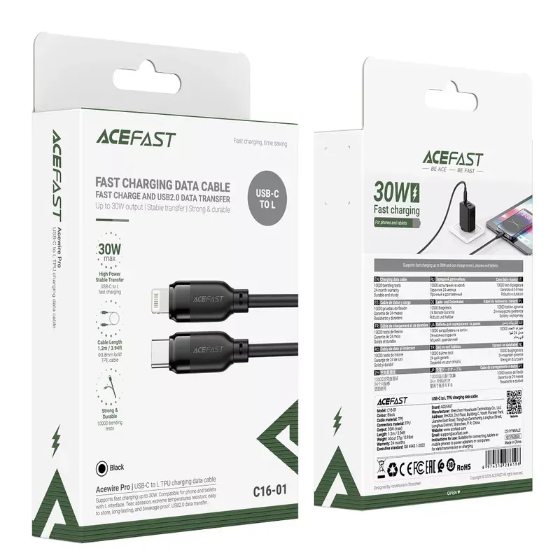 Кабель AceFast C16-01 TPU charging data cable USB-C to L Black