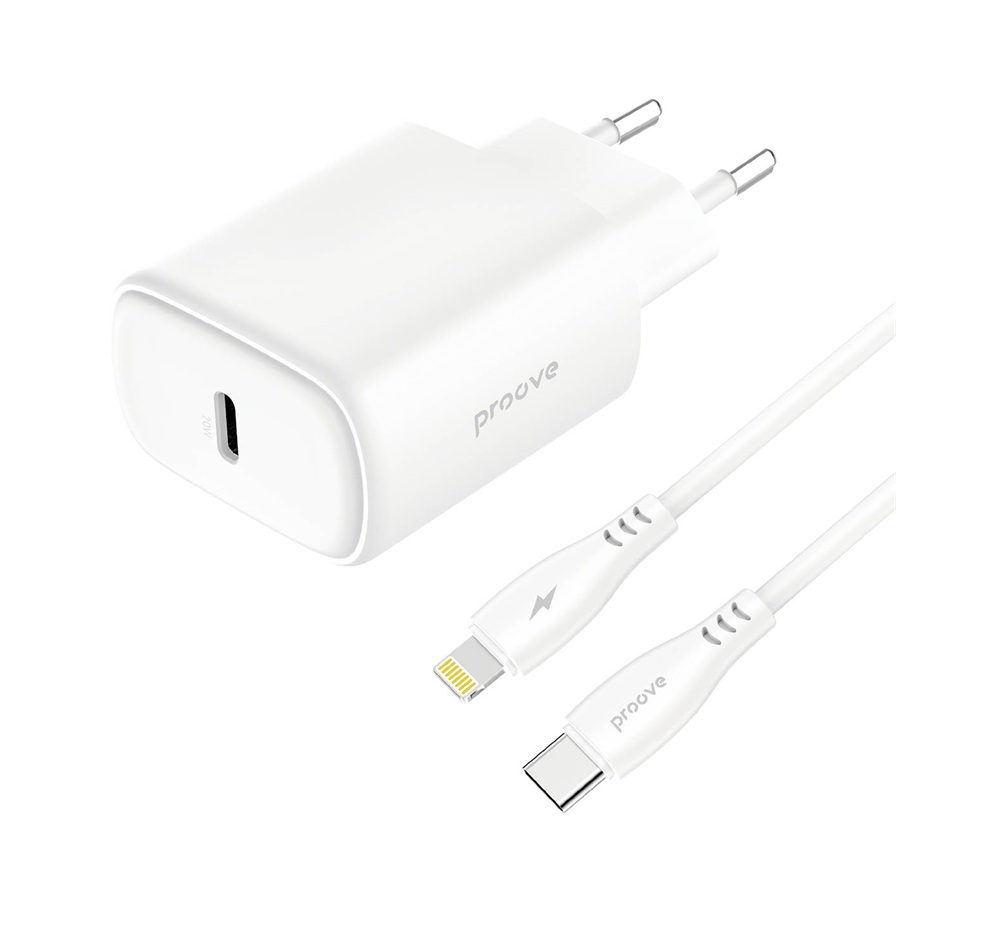 Сетевое зарядное устройство Proove Silicone Power 2 20 Вт (Type-C) + кабель Type-C – Lightning (1 м), белый (WCSP22010002)