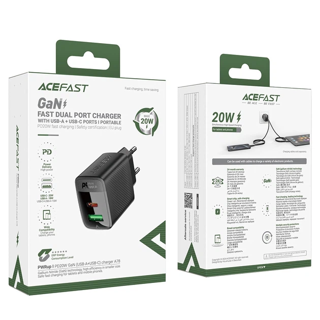 Зарядний пристрій ACEFAST A78 PD20W GaN (USB-A+USB-C) charger Black