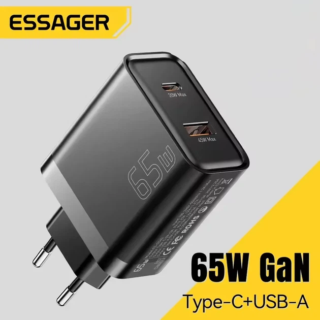 Зарядний пристрій Essager GaN 65W USB-A + Type-C Black