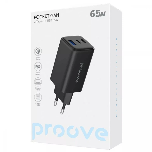 Зарядний пристрій Proove WCPG65121201 Pocket GaN 65W з 2×Type-C та USB, QC 4.0+ та PD 3.0 Black