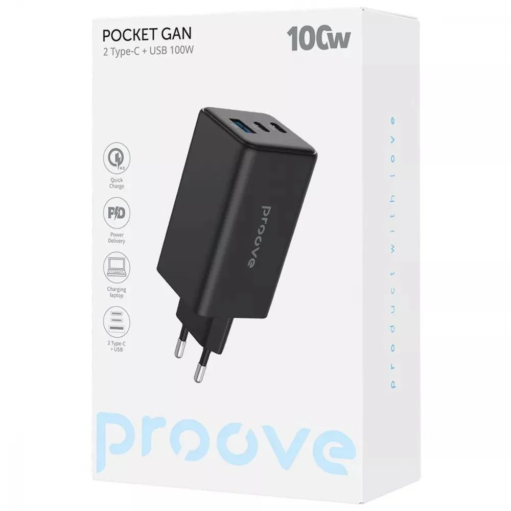 Мережевий зарядний пристрій Proove Pocket GaN 100W (2Type-C + USB) Black (WCPG10012201)