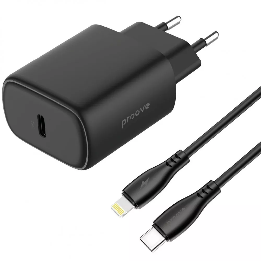Зарядное устройство Proove Silicone Power 2 20 Вт (Type-C) + кабель Type-C — Lightning (1 м), черный (WCSP22010001)
