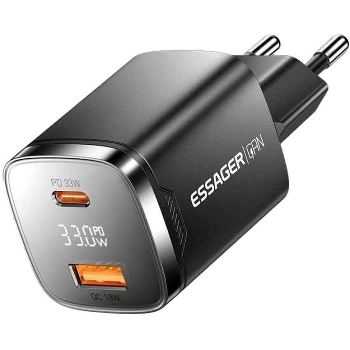 Зарядний пристрій для ESSAGER Gamet 33W GaN Digital Display A+C Black (ECT33W-GMB01-Z)