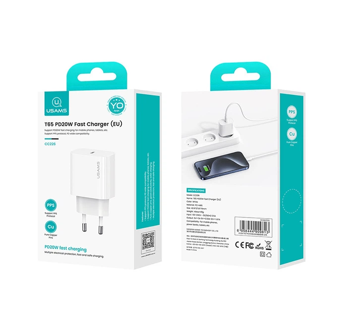 Зарядное устройство для USAMS US-CC226 PD20W T65 TYPE-C Fast Charger White