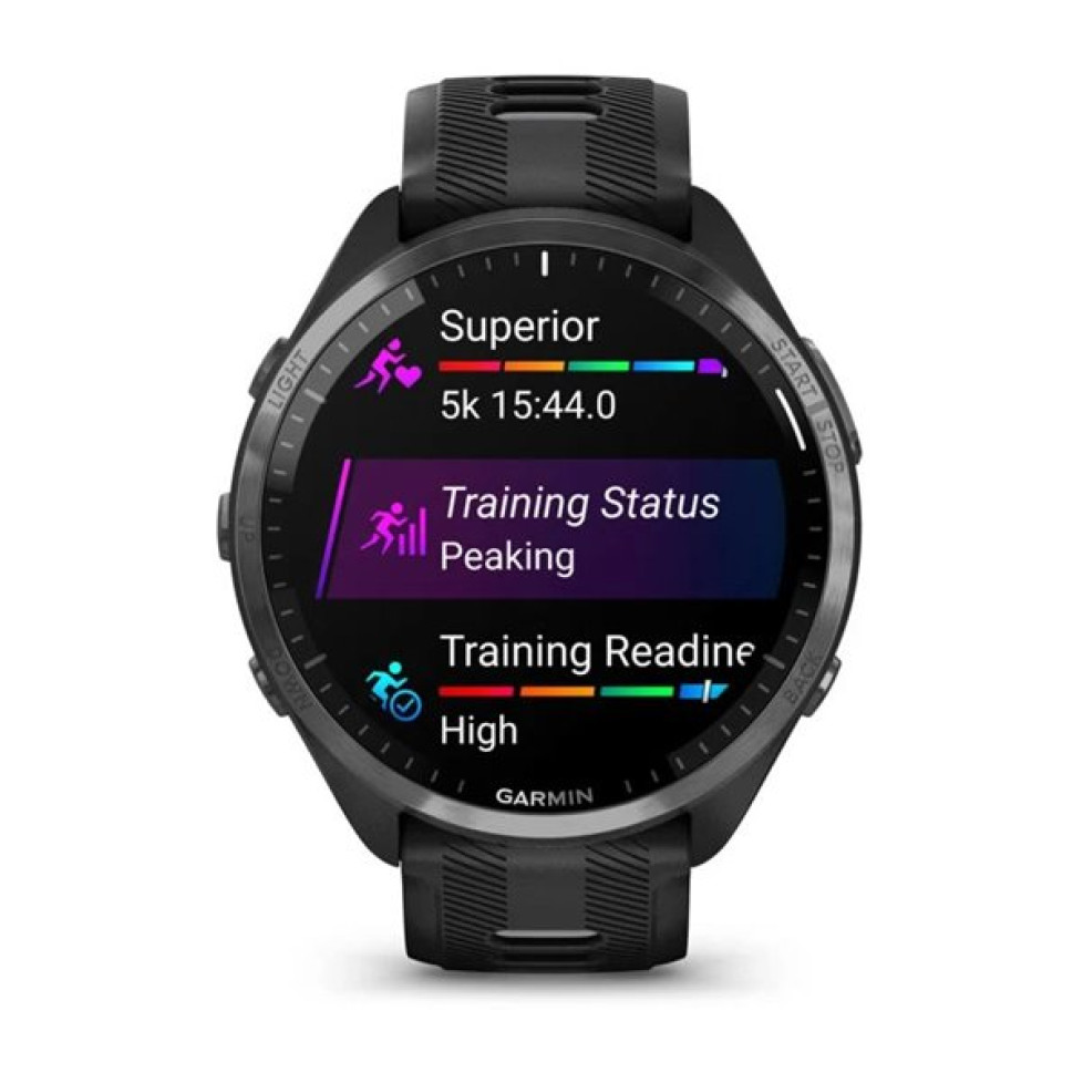 Смарт-часы Garmin Forerunner 965 с титановым безелем цвета «Carbon Grey DLC», черным корпусом и силиконовым ремешком черного и «Powder Grey» цвета (010-02809-10/00)