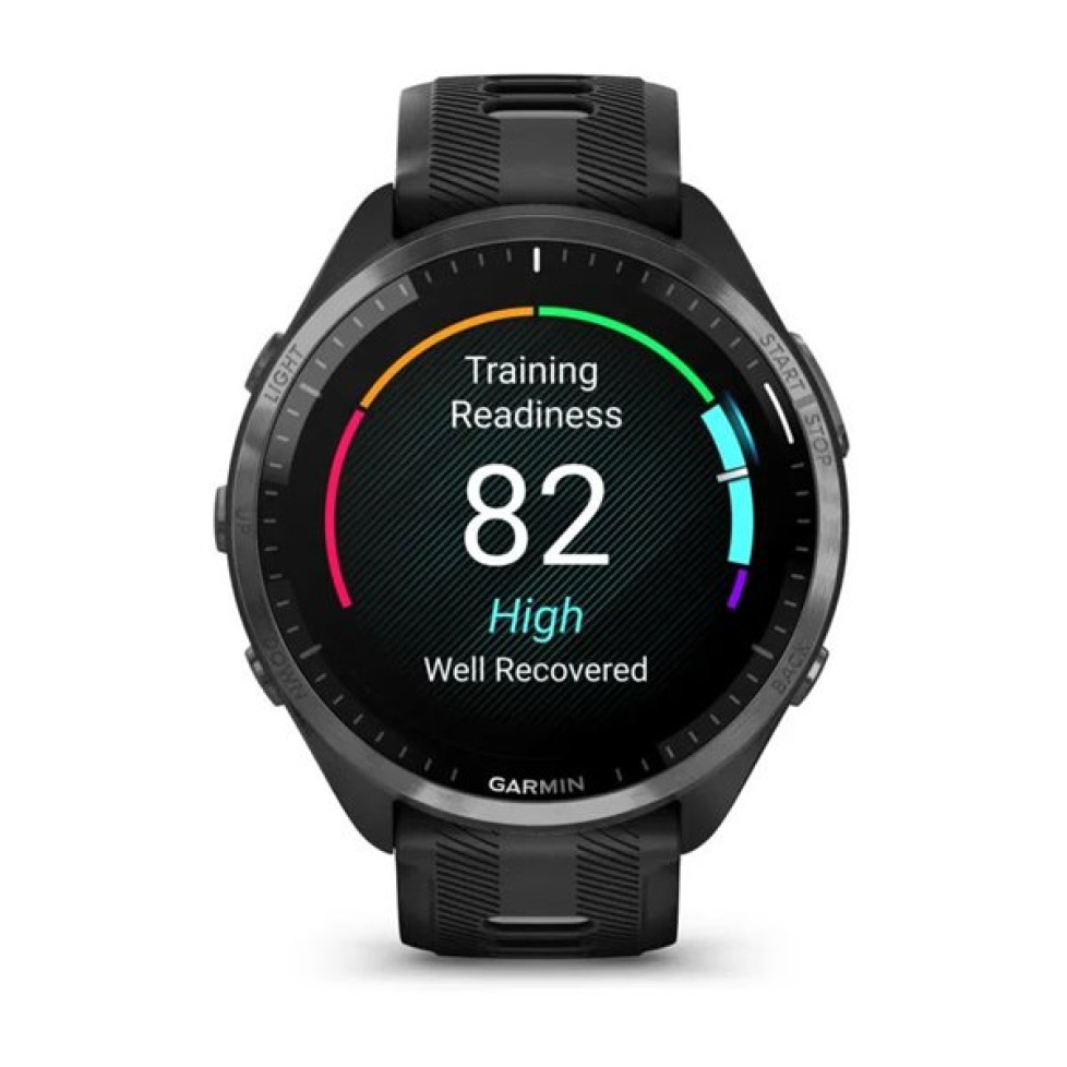 Смарт-часы Garmin Forerunner 965 с титановым безелем цвета «Carbon Grey DLC», черным корпусом и силиконовым ремешком черного и «Powder Grey» цвета (010-02809-10/00)